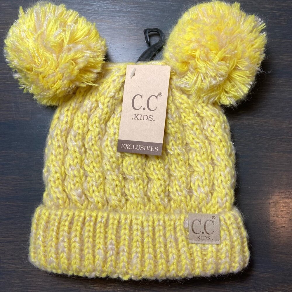 C.C. Kids Double Pom Beanie Yellow Knit Hat NWT